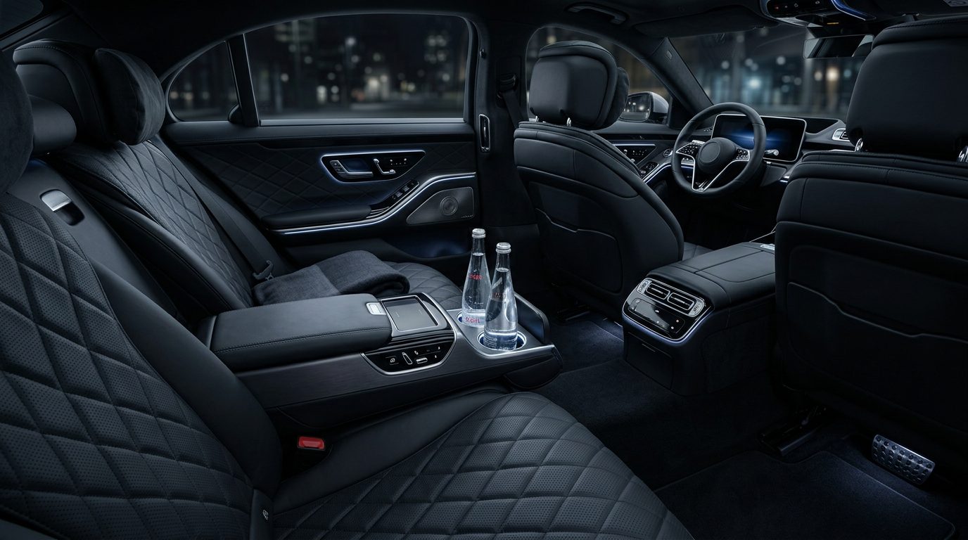 Black leather interior of an executive sedan with soft ambient lighting