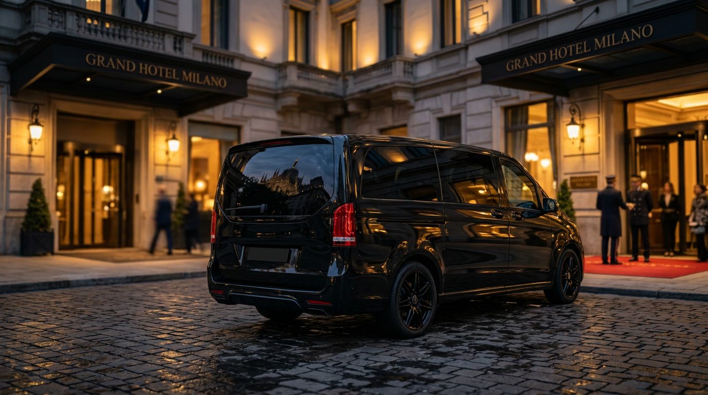 Latest generation black executive van parked in front of a luxury hotel at dusk